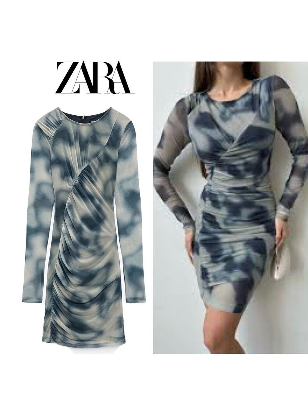 Zara Blue Printed Tulle Dress with a front twist detail long sleeve bodycon M